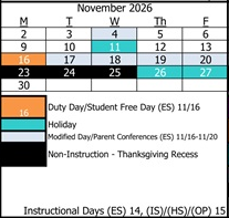 District School Academic Calendar for Mac Arthur Fundamental Intermediate for November 2026
