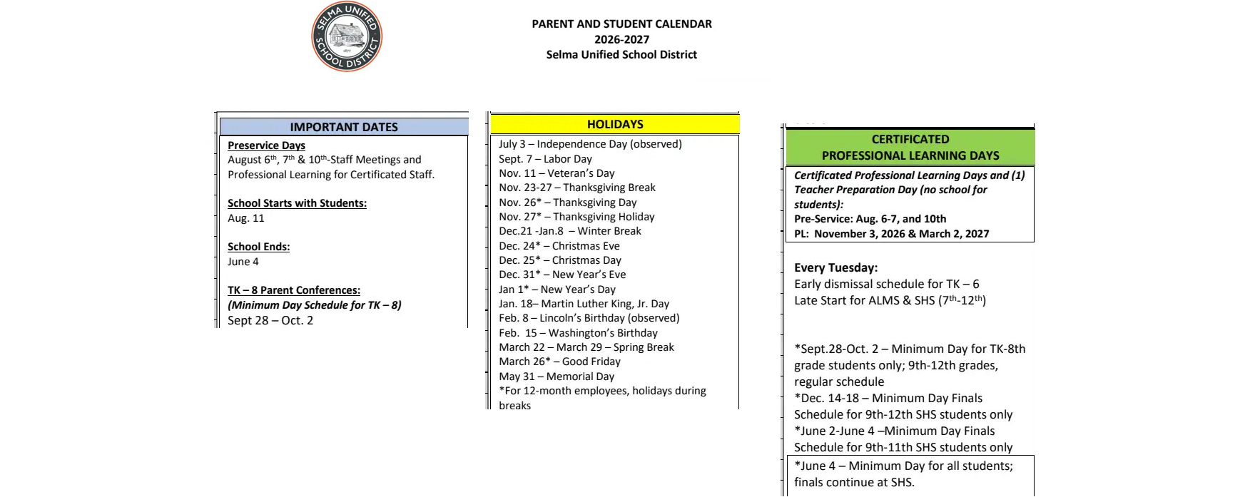 District School Academic Calendar Key for Garfield (james) Elementary