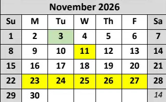District School Academic Calendar for Garfield (james) Elementary for November 2026