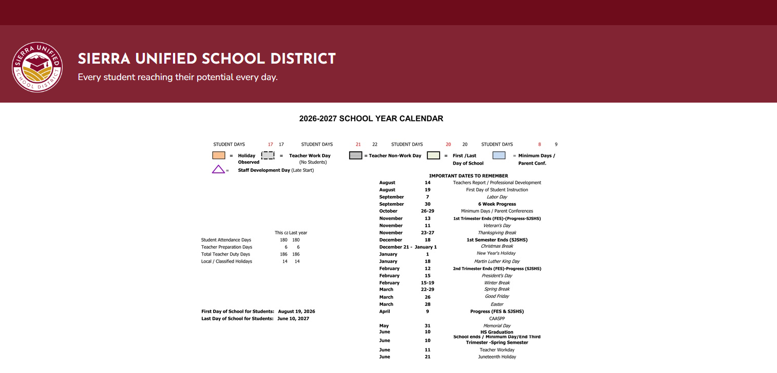 District School Academic Calendar Key for Foothill Middle