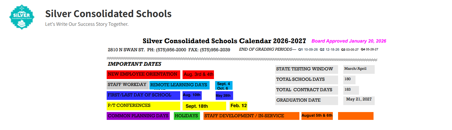 District School Academic Calendar Key for Silver High