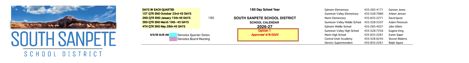 District School Academic Calendar for Sanpete Academy