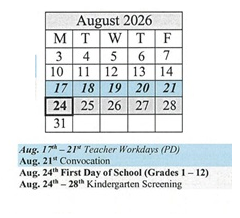 District School Academic Calendar for James Caldwell for August 2026