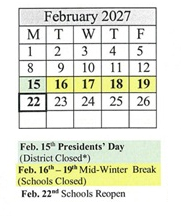 District School Academic Calendar for James Caldwell for February 2027