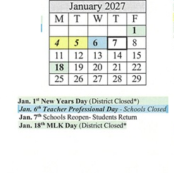 District School Academic Calendar for James Caldwell for January 2027