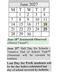 District School Academic Calendar for James Caldwell for June 2027