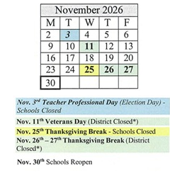 District School Academic Calendar for James Caldwell for November 2026