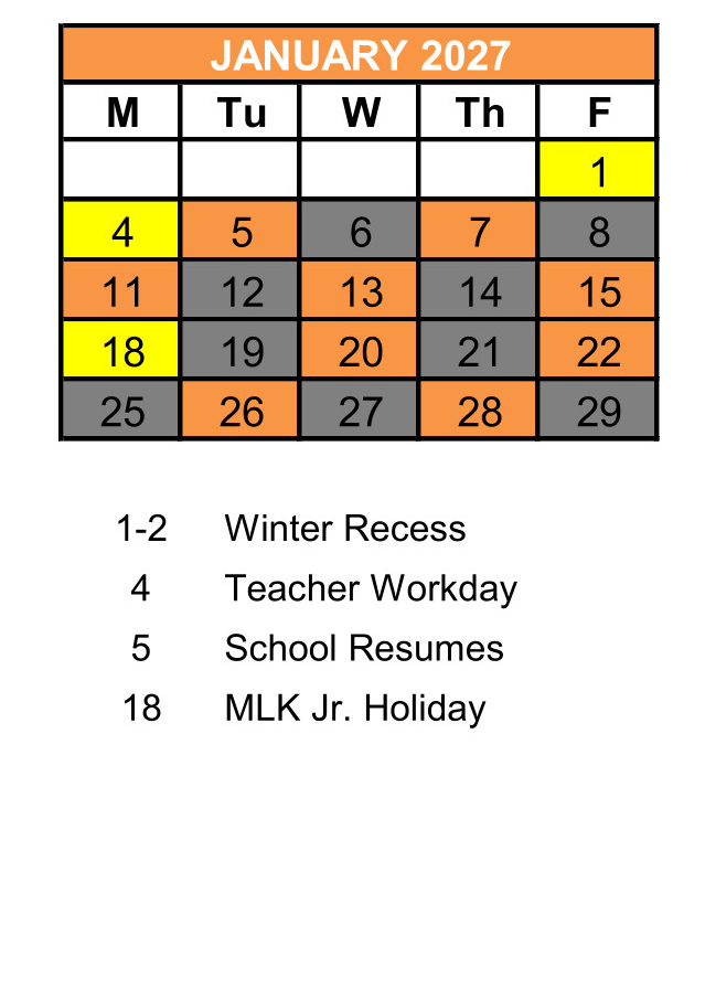 District School Academic Calendar for Gold Rush Charter for January 2027