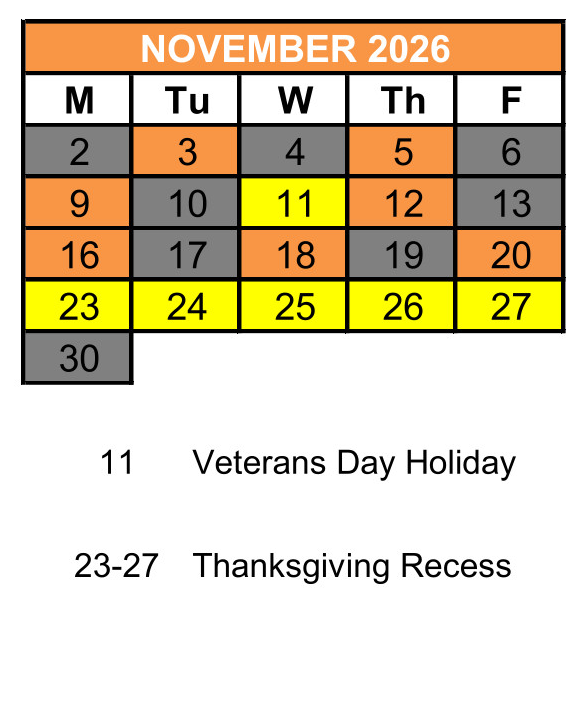 District School Academic Calendar for Gold Rush Charter for November 2026