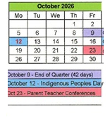 District School Academic Calendar for Enos Garcia Elem for October 2026