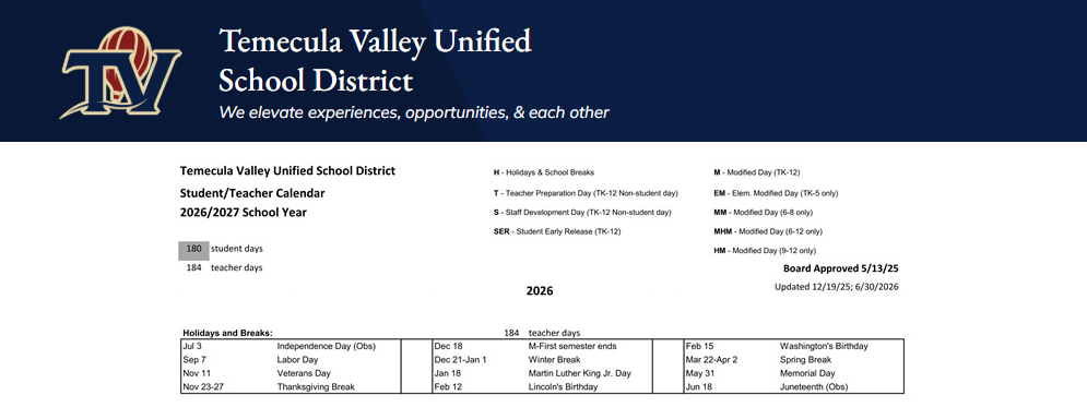 District School Academic Calendar Key for Temecula Preparatory