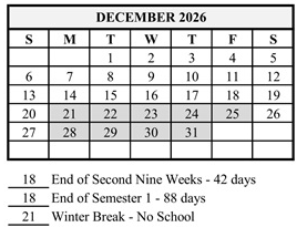District School Academic Calendar for Hershey Elementary School for December 2026