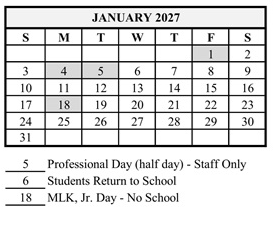 District School Academic Calendar for Hershey Elementary School for January 2027