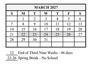District School Academic Calendar for Hershey Elementary School for March 2027