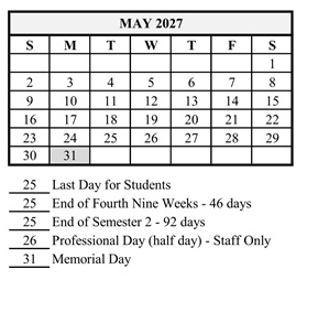 District School Academic Calendar for Hershey Elementary School for May 2027