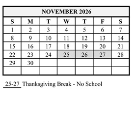 District School Academic Calendar for Hershey Elementary School for November 2026