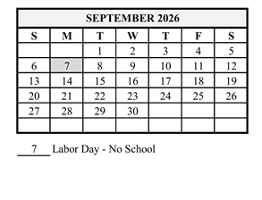 District School Academic Calendar for Hershey Elementary School for September 2026