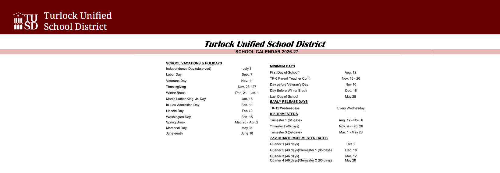 District School Academic Calendar Key for Marvin A. Dutcher Middle