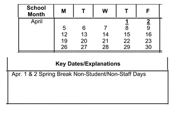 District School Academic Calendar for Grapevine Elementary for April 2027
