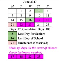 District School Academic Calendar for Potowomut School for June 2027