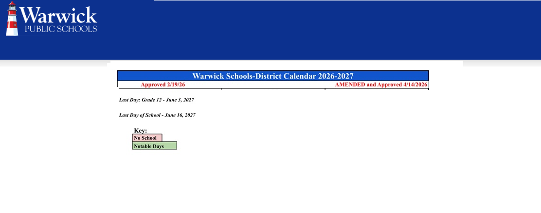 District School Academic Calendar Key for Potowomut School