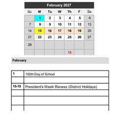 District School Academic Calendar for Transition Learning Center for February 2027