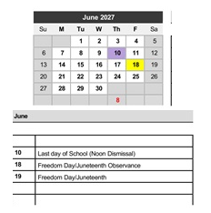 District School Academic Calendar for Transition Learning Center for June 2027