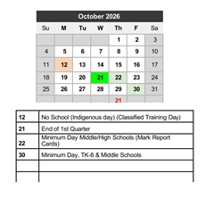 District School Academic Calendar for Transition Learning Center for October 2026