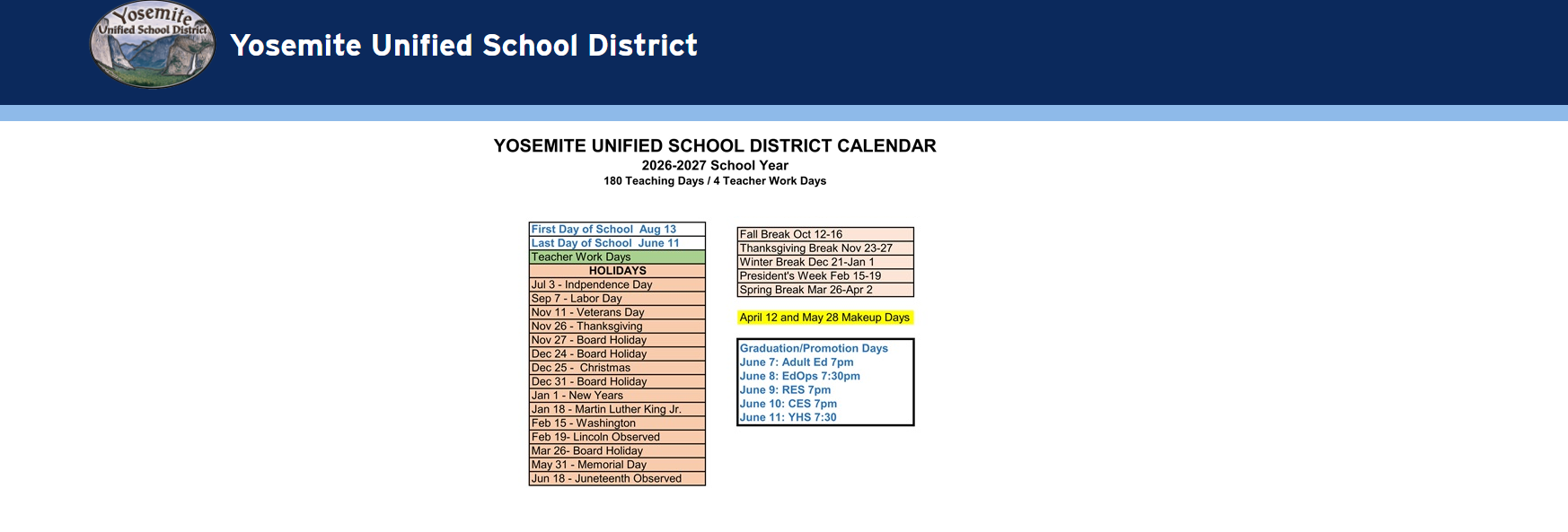 District School Academic Calendar Key for Ahwahnee High
